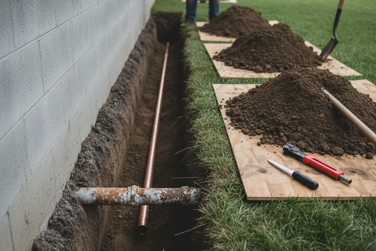 Excavated water line trench during Sewer Line Repair in Selma